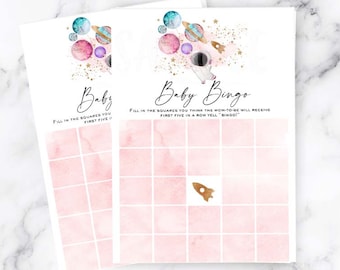 Girl Astronaut baby shower game space baby bingo game, stars galaxy planets baby shower blast off to the moon baby shower balloons game