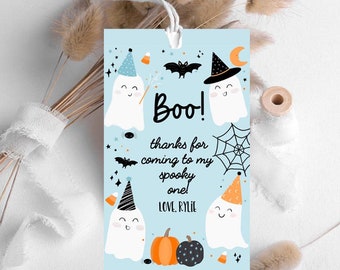 May include: A blue and white thank you tag with three friendly ghosts, bats, stars, a spider web, and the text "Boo! Thanks for coming to my spooky one! Love, Rylie".