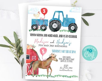 Boy and Girl FARM invitation Tractor and Horse invitation Sibling Dual Farm birthday party Barn animals Tractor horses invitation girl boy