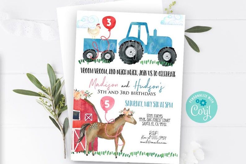 Boy and Girl FARM invitation Tractor and Horse invitation Sibling Dual Farm birthday party Barn animals Tractor horses