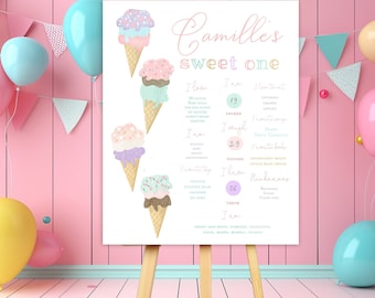 Sweet one ice cream milestone poster, Ice cream first birthday milestone poster firsts board memory board, Two sweet birthday milestones
