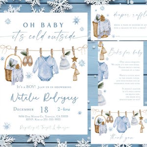Op de afbeelding: Waterverf baby shower uitnodigingsset met een blauw en wit thema. De uitnodiging bevat de tekst "Oh Baby, it's cold outside" en "It's a boy!" met details voor het evenement. Extra kaarten zijn een luier verloting en een bedankkaart.