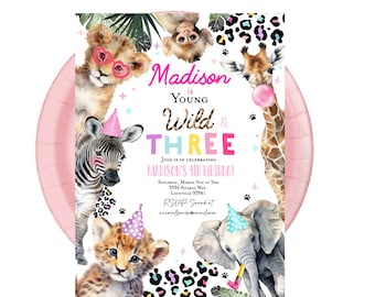 Editable Party Animals Birthday Invitation Young wild and three 3rd birthday invitation Jungle Safari birthday Leopard Zoo pink girl