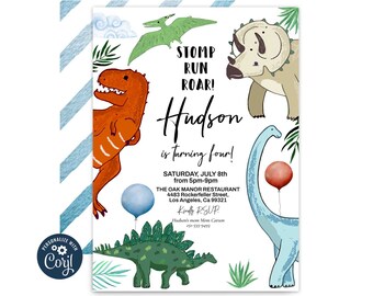 Editable Dinosaur Birthday Invitation Watercolor dinosaurs birthday party invitation 1st birthday any age, T-rex instant download party