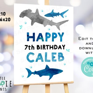 SHARK Birthday party welcome sign Shark decorations Shark party sign Under the sea pool party swim party sign editable with name age instant