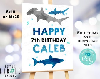 SHARK Birthday party welcome sign Shark decorations Shark party sign Under the sea pool party swim party sign editable with name age instant
