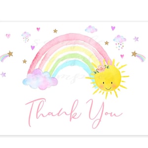 Rainbow Sunshine Dankeskarten, Rainbow Birthday Thank you fold over Sunshine and rainbows birthday party drive by