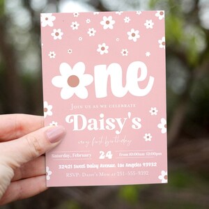Daisy Birthday Invitation, Daises First Birthday Invite Boho Retro Daisy invitation Template Instant Download Editable file Flowers pink