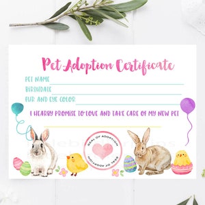 Certyfikat adopcji wielkanocnej Certyfikat adopcji Bunny Chick Upominek na imprezę Upominek na imprezę Bunny adoptuj zwierzaka wydrukowane jajka wielkanocne
