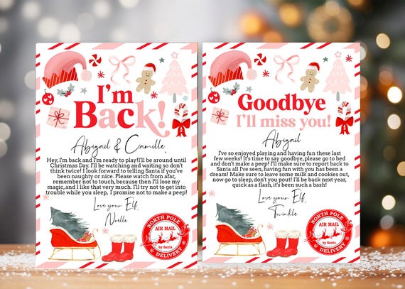 GIRL Elf arrival letter and elf goodbye letter, Christmas activity for kids printable instant download, hello letter departure letter pink