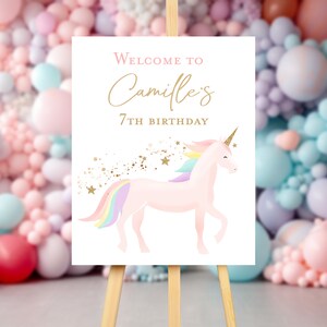 Editable Unicorn welcome sign, Unicorn birthday party sign with name, Unicorn poster Rainbows printable instant download template modern