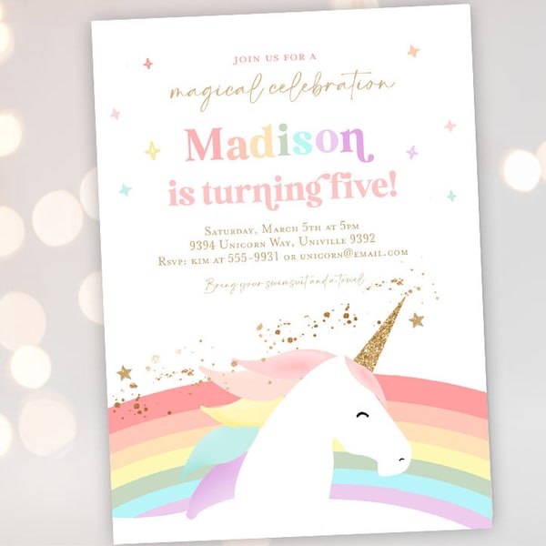 Unicorn invitation, Unicorn birthday party invitation template, Editable unicorn birthday invitation Minimalist Modern invitation rainbow