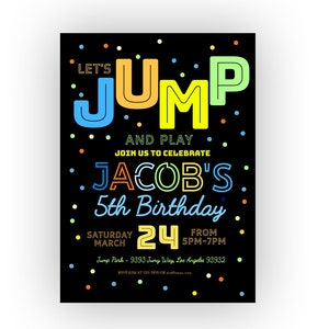 TRAMPOLINE BIRTHDAY INVITATION Boy Trampoline party Jump party Jump invitation Bounce castle Trampoline park Birthday party invite blue neon