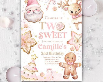 Two sweet cookie invitation, Girl Christmas cookie first birthday invitation, cookies candy invitation gingerbread santa deer invitation 2nd