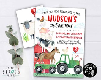 FARM TRACTOR Birthday party invitation, Farm birthday party, Farm animals birthday invitation cow horse sheep duck pig barn Green Tractor