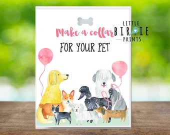Make a collar for your pet sign pink sign puppy party, Adopt a puppy party, Pet party, Puppy party sign activity sign girl pet party
