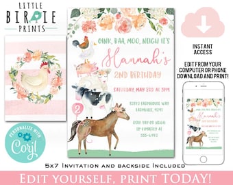 Girl FARM Birthday Party invitation Farm Birthday invitation Farm Invitation Farm animals Barnyard animals Watercolor Farm Invitation Girl