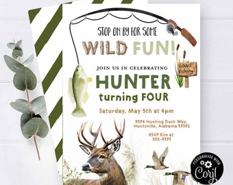 HUNTING FISHING Birthday invitation Deer Fish Duck Hunting Birthday invitation Outdoor Adventure camping first birthday any age invitation