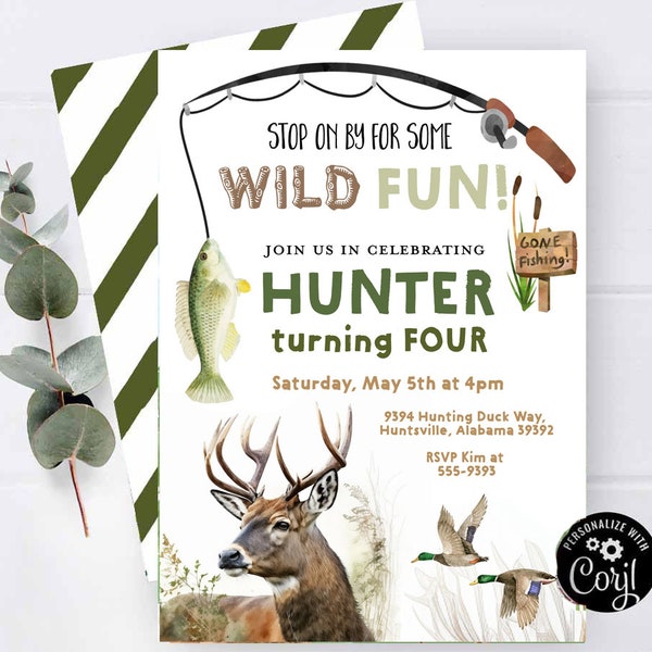 HUNTING FISHING Birthday invitation Deer Fish Duck Hunting Birthday invitation Outdoor Adventure camping first birthday any age invitation