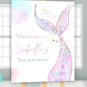 Mermaid welcome sign, Oneder the sea mermaid birthday sign, Girl birthday party mermaids iridescent editable 1st birthday under the sea girl