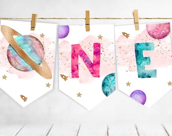 Chica Primer viaje alrededor del sol banner de silla alta, SPACE primer cumpleaños decoraciones de astronautas, planetas high chair banner galaxia chica rosa