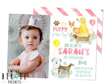 Puppy Birthday Invitation, Watercolor Puppy Dog Birthday Invitation, Girl Dog Birthday Inviation, Dog Invitation Puppy Pawty Invitation Pink