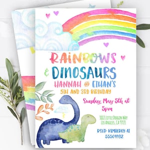 Rainbows and Dinosaurs invitation, Dual twins boy girl siblings invitation, Unicorn dinosaur rainbow dinosaur invitation printable template