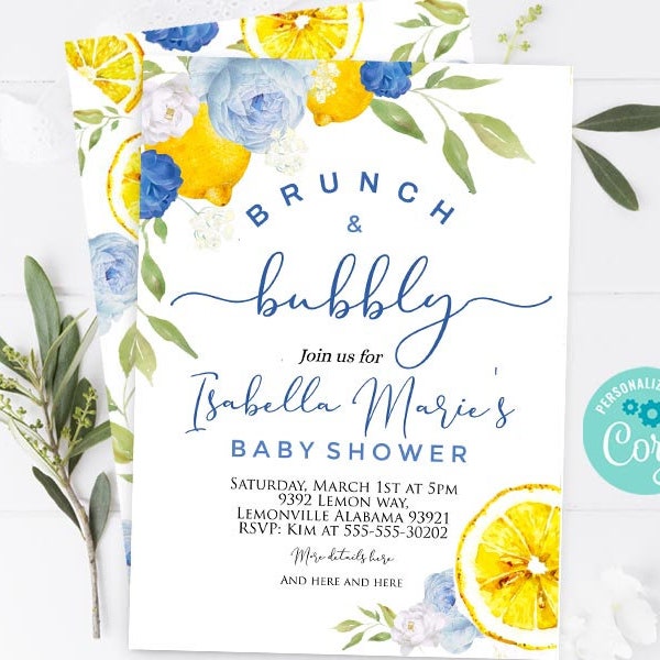 Boy Baby Brunch baby shower invitation Blue lemon brunch and bubbly invitation editable template download Navy lemons baby shower