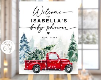 Winter Baby shower invitation Red truck welcome sign, Baby it's cold outside baby shower sign Red green winter Christmas trees snowflake