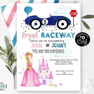 Cars and Princesses invitation Racecar Princess invitation Boy Girl Sibling invitation Trucks Tiaras Castle Race voiture invitation rose bleu