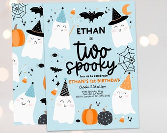 TWO SPOOKY Halloween Blue Ghost 2nd Birthday Party Invitation Editable, Ghost Second Birthday Spooktacular 2nd Birthday Instant download boy