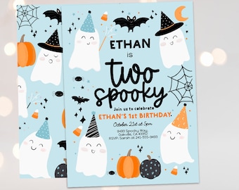 TWO SPOOKY Halloween Blue Ghost 2nd Birthday Party Invitation Editable, Ghost Second Birthday Spooktacular 2nd Birthday Instant download boy