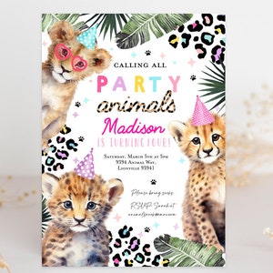 Editable Party Animals Birthday Invitation Big Cat Safari Animals Birthday Invite, Leopard Cheetah Lion Zoo birthday Wild Jungle pink girl image 1