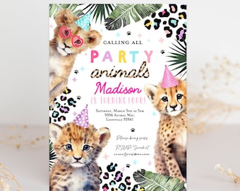 May include: A birthday party invitation featuring three adorable cheetah cubs wearing party hats. The invitation is decorated with colorful leopard print and tropical leaves. The text reads "Calling all party animals Madison is turning four! Saturday, March 5th at 5pm 9394 Animal Way, Lionville 93941 Please bring snacks RSVP Saonhat animalfriends@email.com"