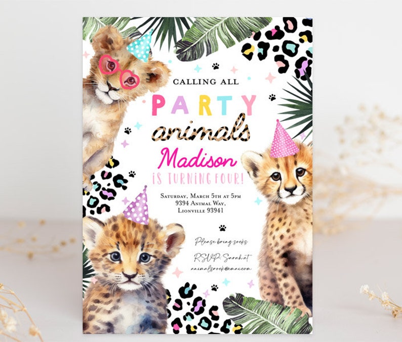 Editable Party Animals Birthday Invitation Big Cat Safari Animals Birthday Invite, Leopard Cheetah Lion Zoo birthday Wild Jungle pink girl image 1