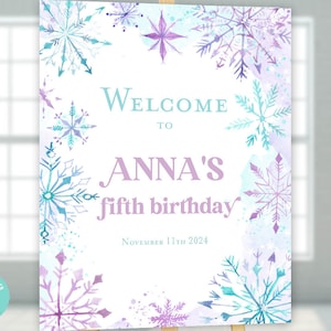 Winter Snowflake birthday Welcome sign, Winter princess birthday party, Purple blue snowflake printable sign, Snow ice birthday decorations