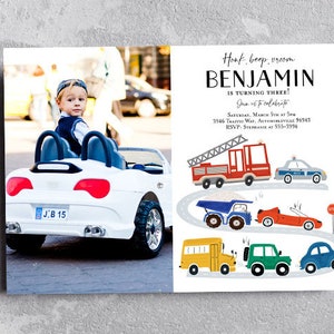 Transportation birthday invitation, Cars and Trucks birthday party invitation, Truck invitation Vehicles, Cars invitation firetruck police