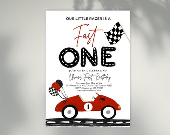 May include: A red race car with a checkered flag and balloons. The text "Our little racer is a Fast One" is written in black and red. The text "Join us in celebrating Oliver's First Birthday" is written in black. The date, time, address, RSVP information, and email address are also included.