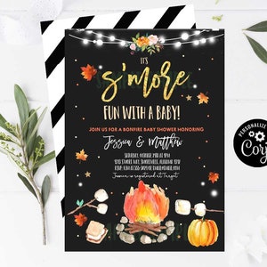 Editable Fall S&#39;more Baby Shower Invitation Bonfire Baby Shower Invite Couples Shower Invite Pumpkin S&#39;mores baby shower gender neutral