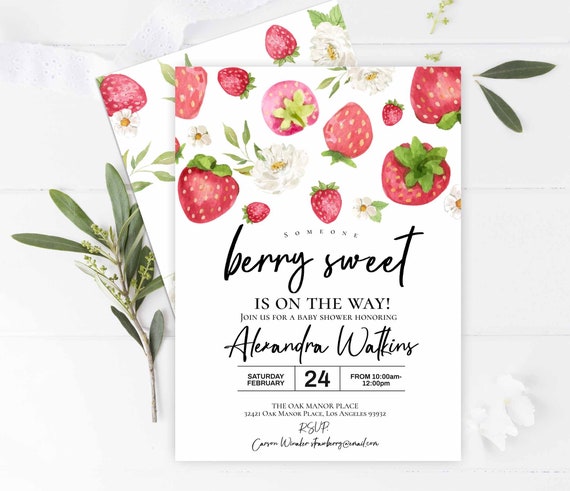 Editable Strawberry Baby Shower Invitation Berry Sweet Baby Shower