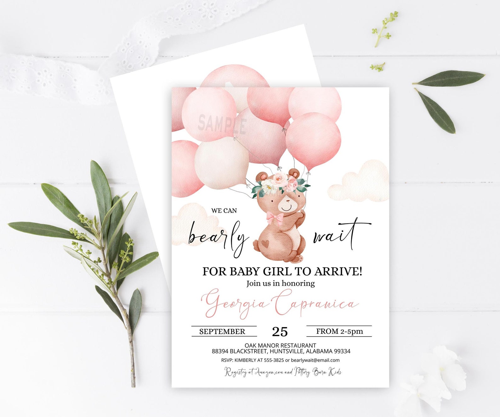 Bearly Wait Baby Shower Invitation Girl Bear Pink Balloons Etsy