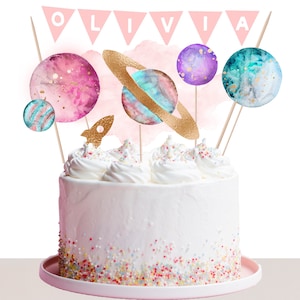 PRINTABLE Girl Outer space cake topper - Instant download planets cake topper Galactic pink rocket- Blast off two the moon or baby shower