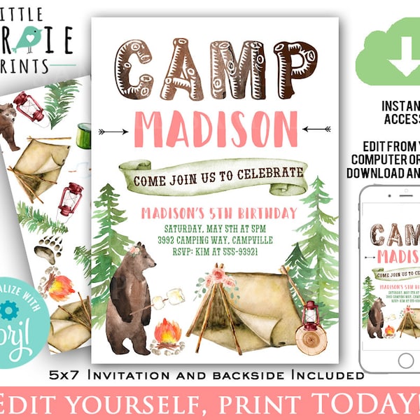 Camping Birthday Invitation Girl Camp birthday invitation Glamping birthday invitation Camp first birthday invitation Pink Instant download