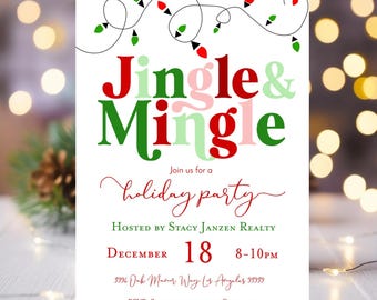 May include: A white invitation card with the words "Jingle & Mingle" in red, green, and pink. The card includes text for a holiday party hosted by Stacy Janzen Realty on December 18th, 8-10 PM. Decorative string lights are at the top.