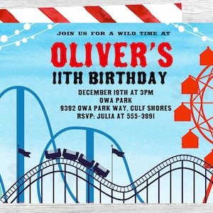 Invitación de cumpleaños del parque de atracciones Invitación de la montaña rusa Invitación del parque temático Invitación de la noria Invitación de cumpleaños de la feria editable