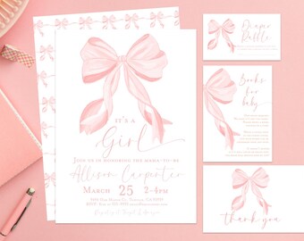 Pink Bow Baby Shower Invitation Pink bow invitation Coquette Baby Shower Girl baby shower invitation bows diaper raffle thank you set