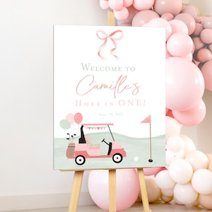 Hole In One First Birthday Welcome sign printable Editable Golf 1st Birthday Girl Invite Template Golf first birthday partee Pink golf party