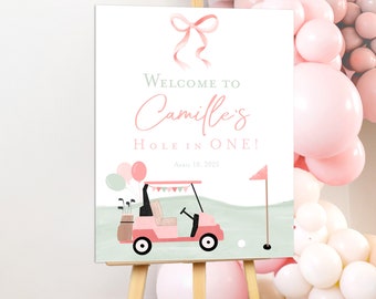 Hole In One First Birthday Welcome sign printable Editable Golf 1st Birthday Girl Invite Template Golf first birthday partee Pink golf party