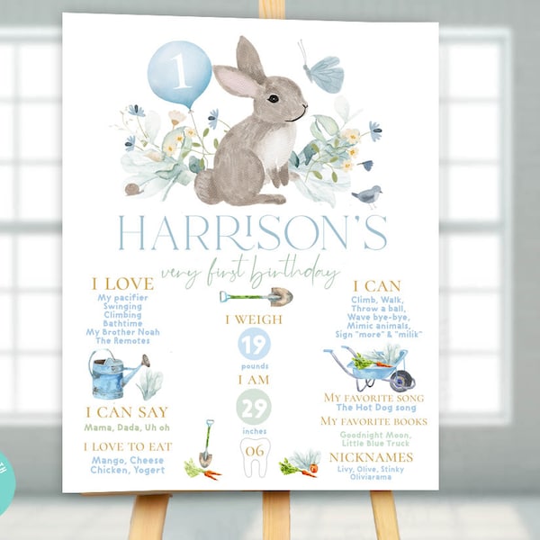 Blue Bunny first birthday Milestone Poster, Rabbit 1st birthday milestones chalkboard, Some bunny is turning one, Editable Printable