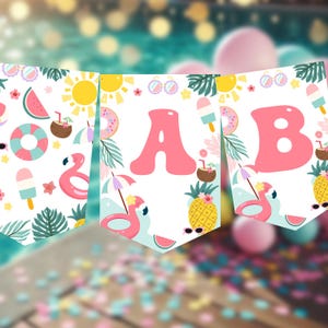 Banner imprimible para fiesta de cumpleaños en la piscina, pancarta ABC con chapoteo, uno al sol, dos geniales, zambullida en cinco, pelota de playa, fiesta de verano